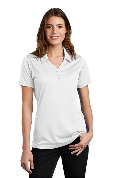 Sport-Tek LST680 Womens Micro-Mesh Moisture Wicking Short Sleeve Polo Shirt White Model Front