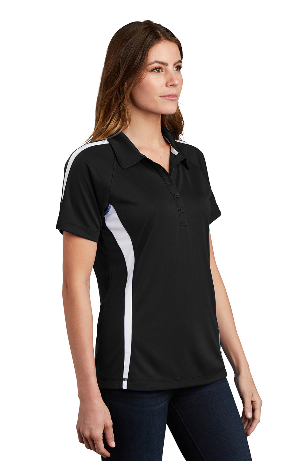 Sport-Tek LST685 Womens Micro-Mesh Moisture Wicking Short Sleeve Polo Shirt Black/White Model 3q