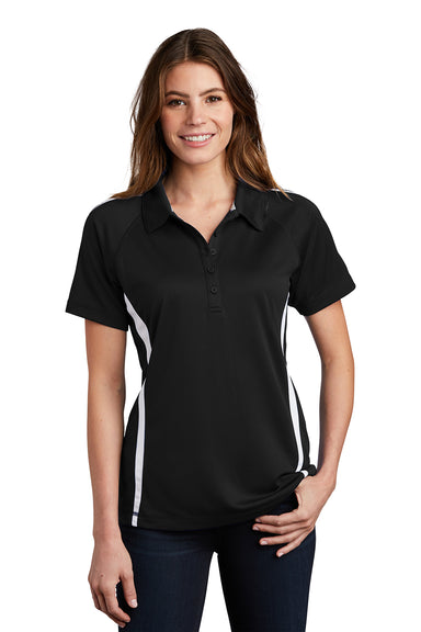 Sport-Tek LST685 Womens Micro-Mesh Moisture Wicking Short Sleeve Polo Shirt Black/White Model Front