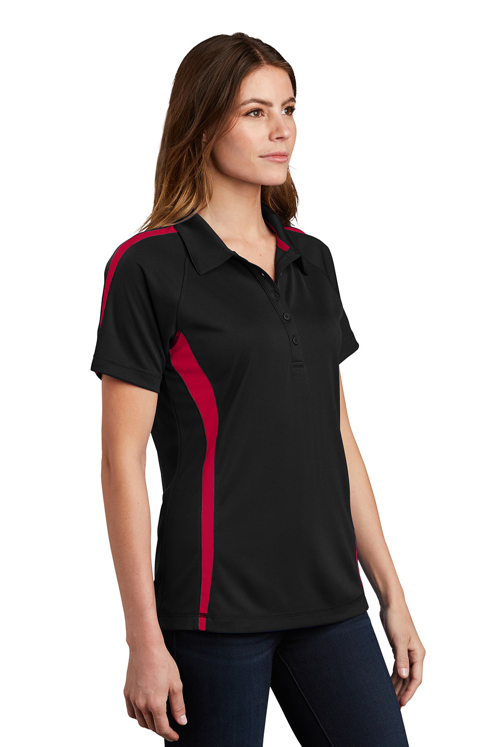 Sport-Tek LST685 Womens Micro-Mesh Moisture Wicking Short Sleeve Polo Shirt Black/Red Model 3q