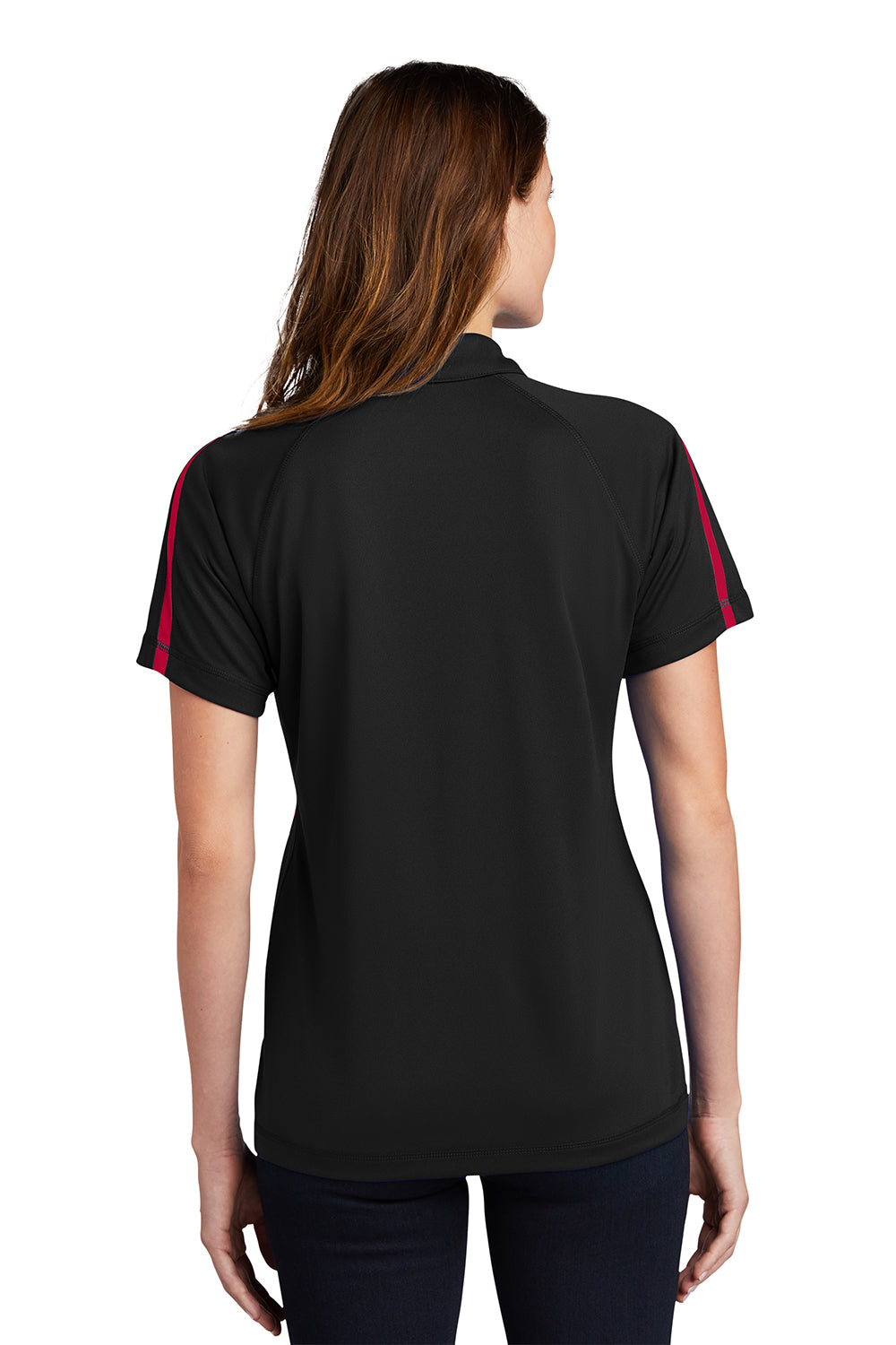 Sport-Tek LST685 Womens Micro-Mesh Moisture Wicking Short Sleeve Polo Shirt Black/Red Model Back