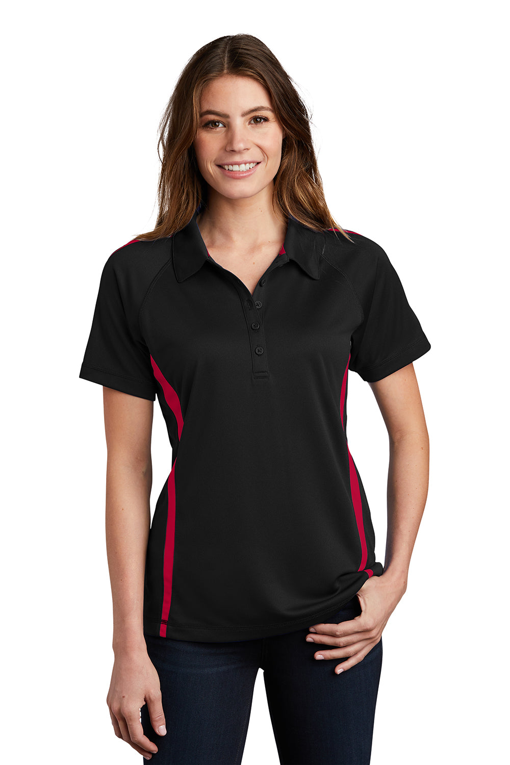 Sport-Tek LST685 Womens Micro-Mesh Moisture Wicking Short Sleeve Polo Shirt Black/Red Model Front