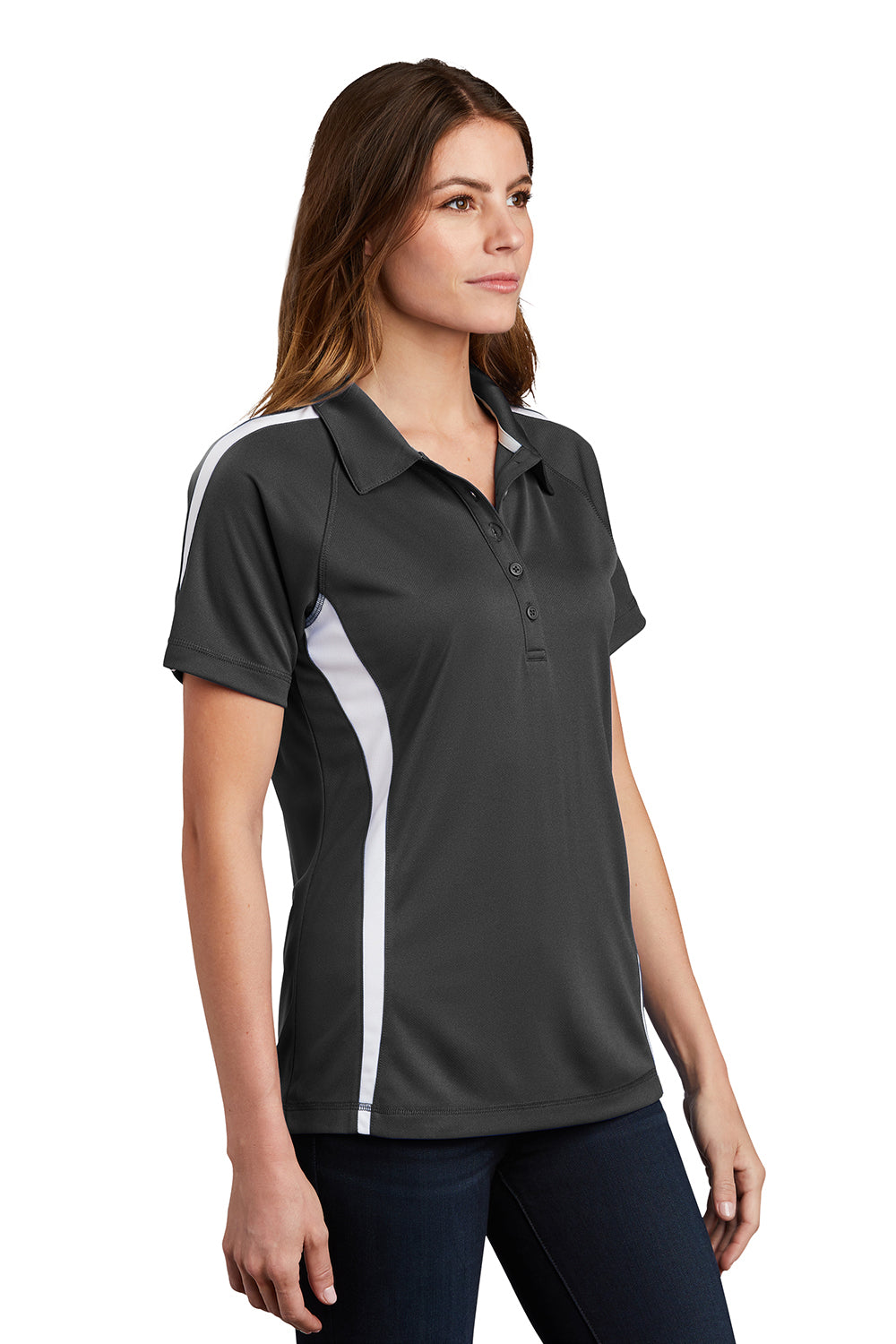 Sport-Tek LST685 Womens Micro-Mesh Moisture Wicking Short Sleeve Polo Shirt Iron Grey/White Model 3q