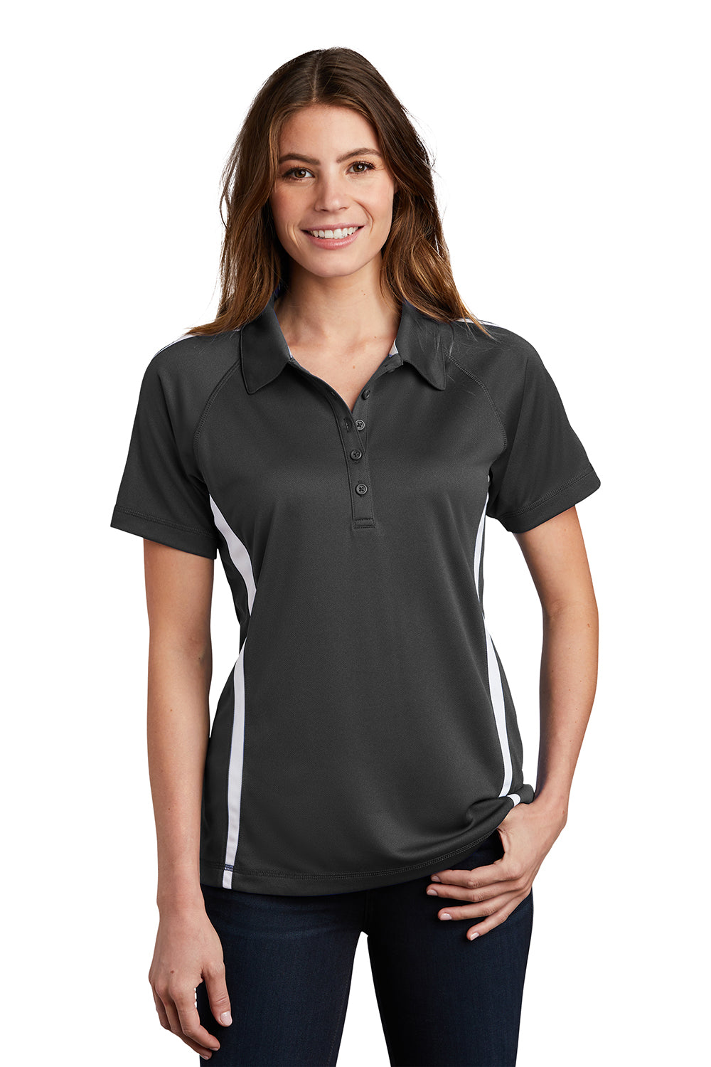 Sport-Tek LST685 Womens Micro-Mesh Moisture Wicking Short Sleeve Polo Shirt Iron Grey/White Model Front