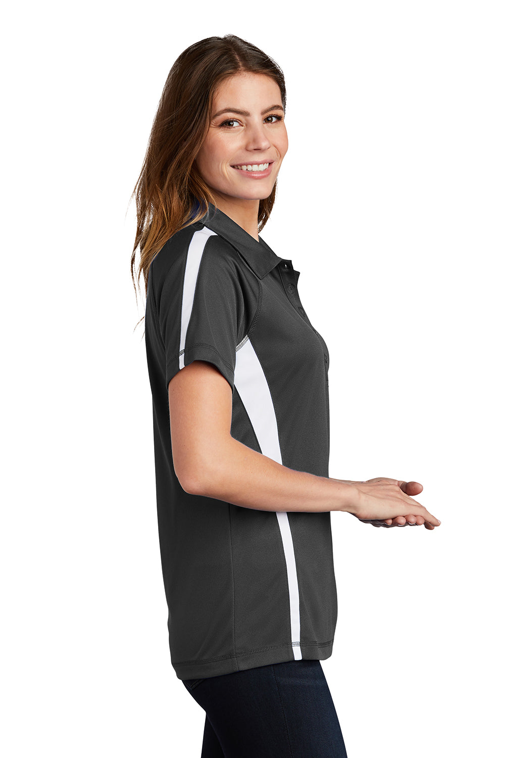 Sport-Tek LST685 Womens Micro-Mesh Moisture Wicking Short Sleeve Polo Shirt Iron Grey/White Model Side