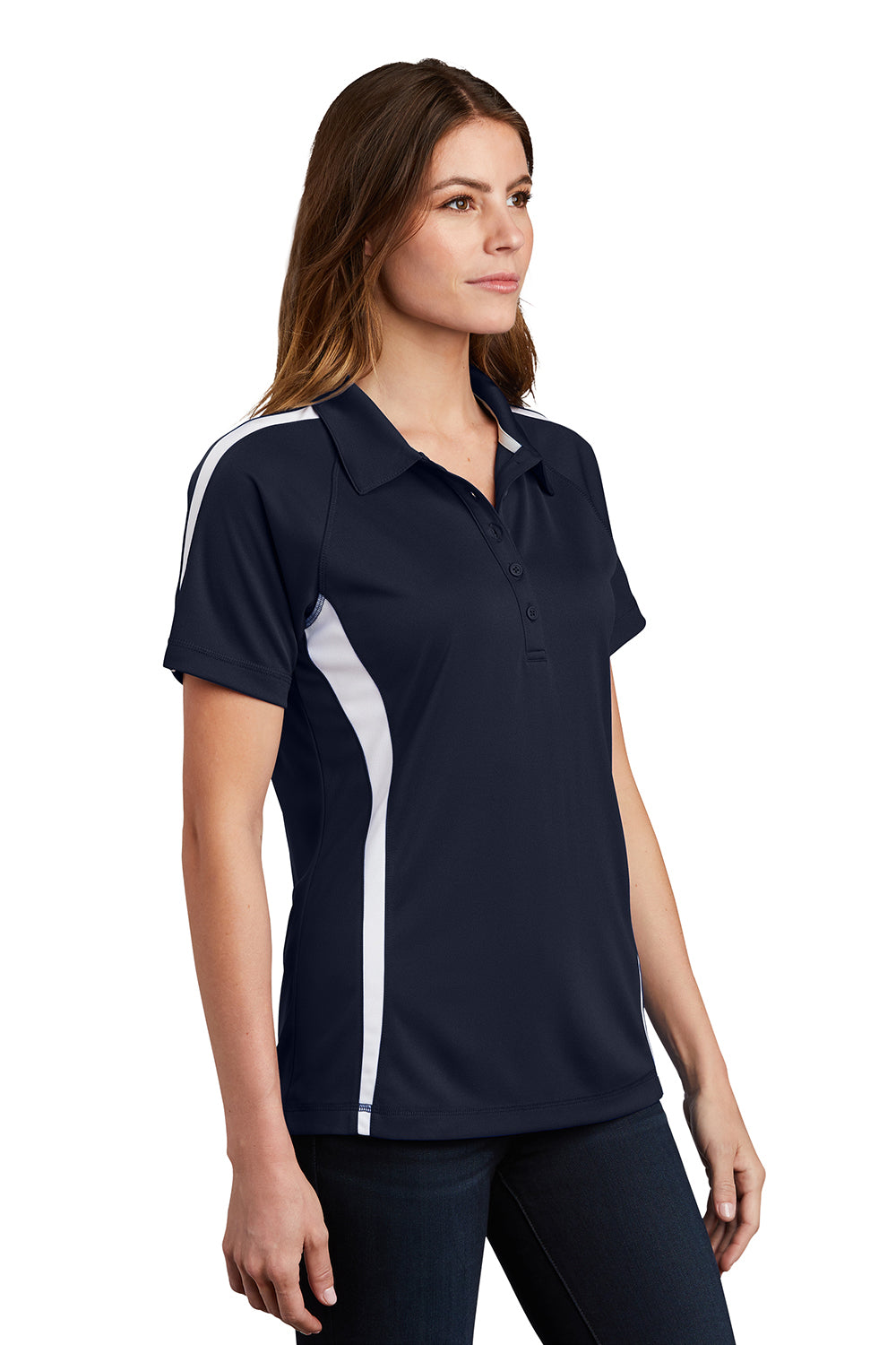 Sport-Tek LST685 Womens Micro-Mesh Moisture Wicking Short Sleeve Polo Shirt True Navy Blue/White Model 3q