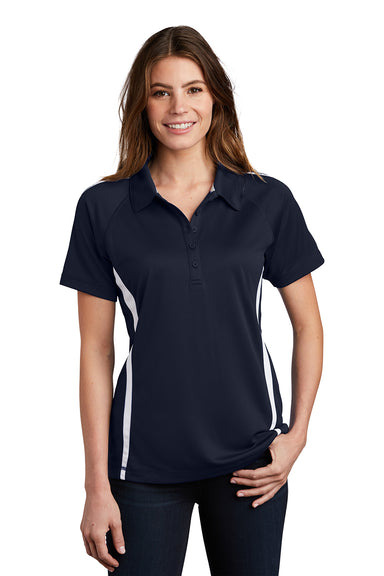 Sport-Tek LST685 Womens Micro-Mesh Moisture Wicking Short Sleeve Polo Shirt True Navy Blue/White Model Front