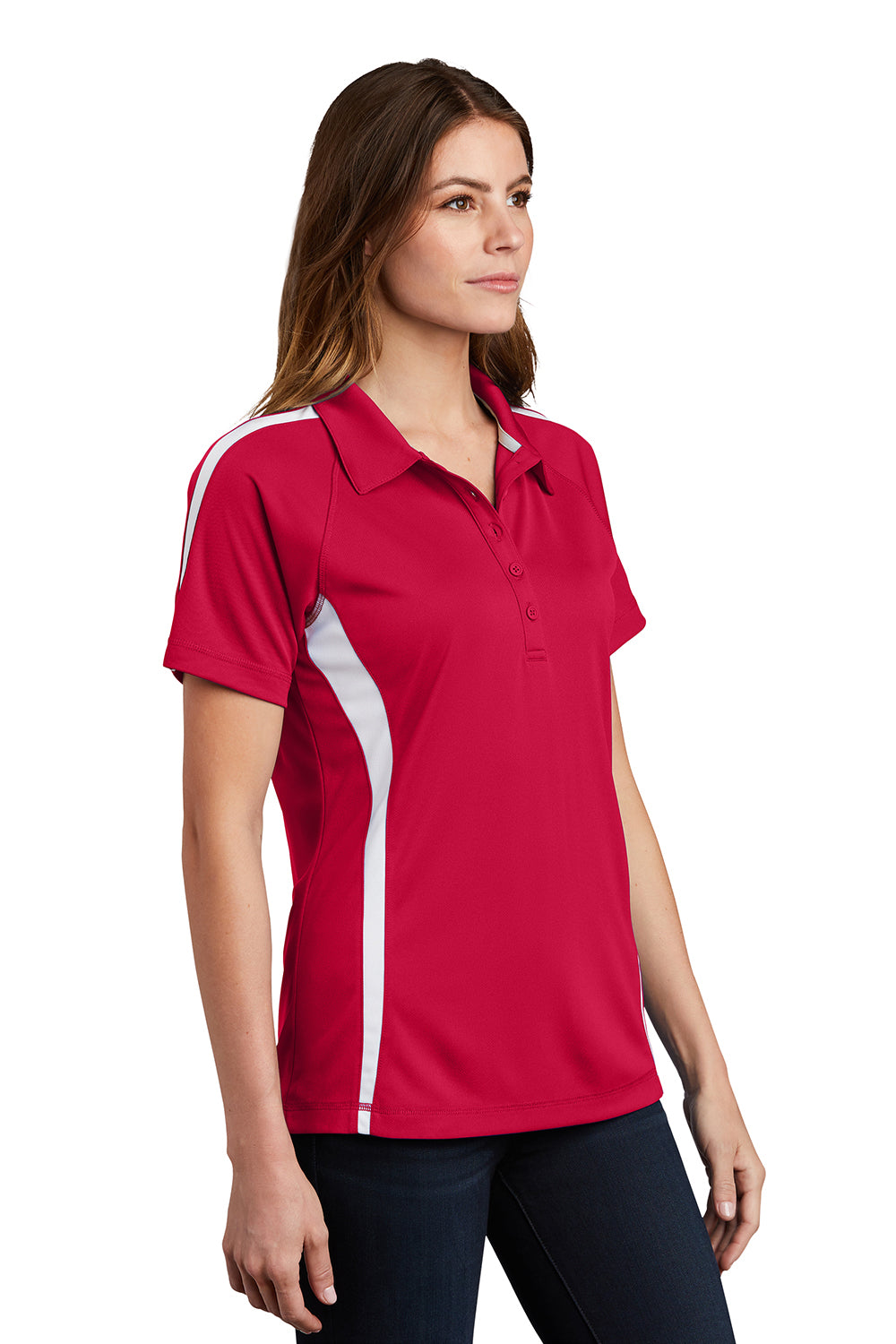 Sport-Tek LST685 Womens Micro-Mesh Moisture Wicking Short Sleeve Polo Shirt True Red/White Model 3q