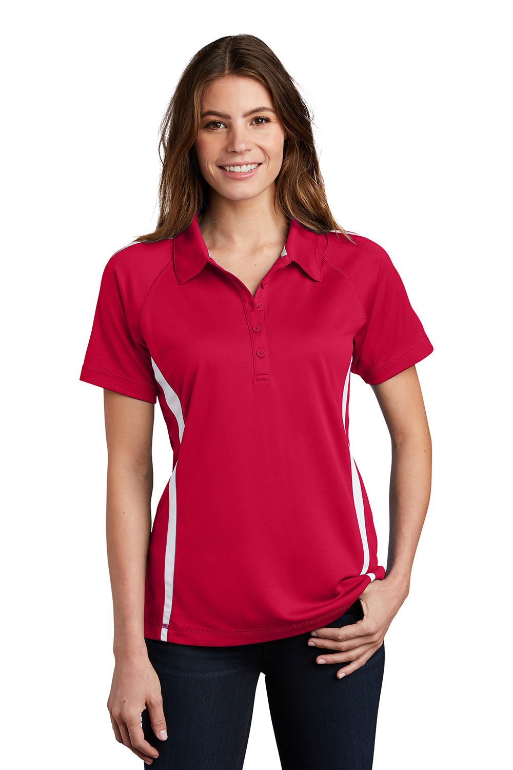 Sport-Tek LST685 Womens Micro-Mesh Moisture Wicking Short Sleeve Polo Shirt True Red/White Model Front