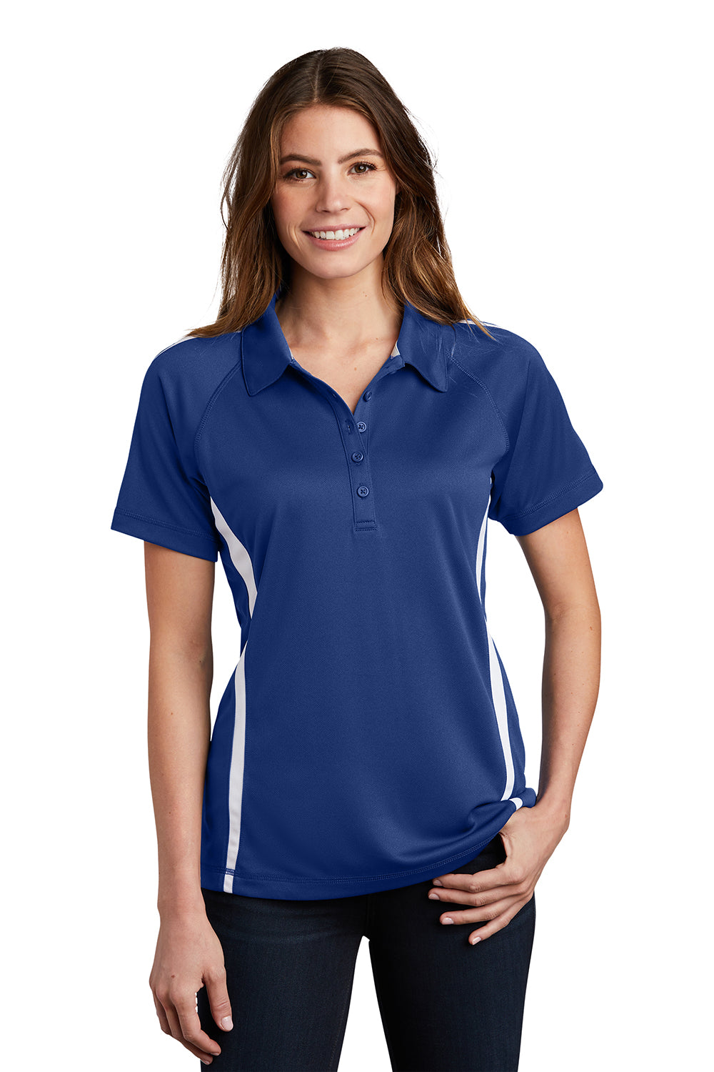 Sport-Tek LST685 Womens Micro-Mesh Moisture Wicking Short Sleeve Polo Shirt True Royal Blue/White Model Front