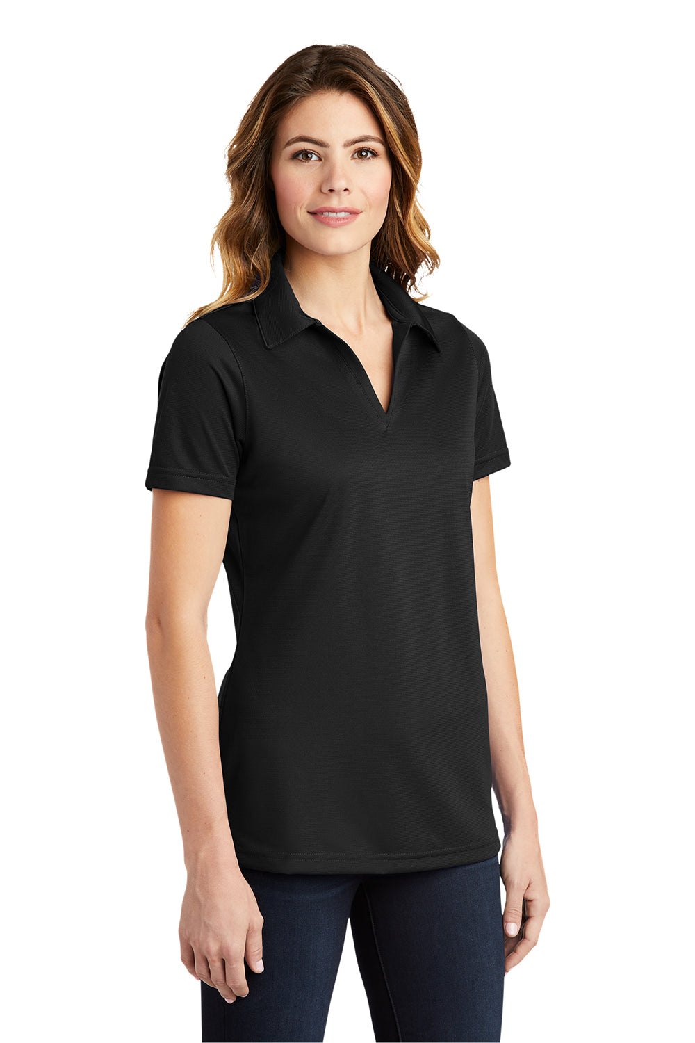 Sport-Tek LST690 Womens Active Mesh Moisture Wicking Short Sleeve Polo Shirt Black Model 3q