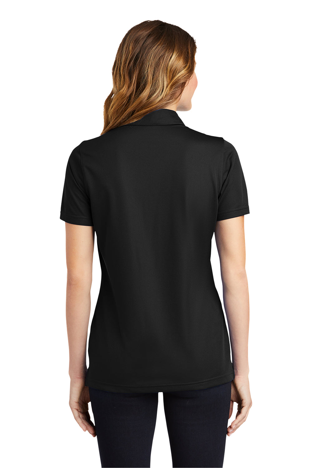 Sport-Tek LST690 Womens Active Mesh Moisture Wicking Short Sleeve Polo Shirt Black Model Back