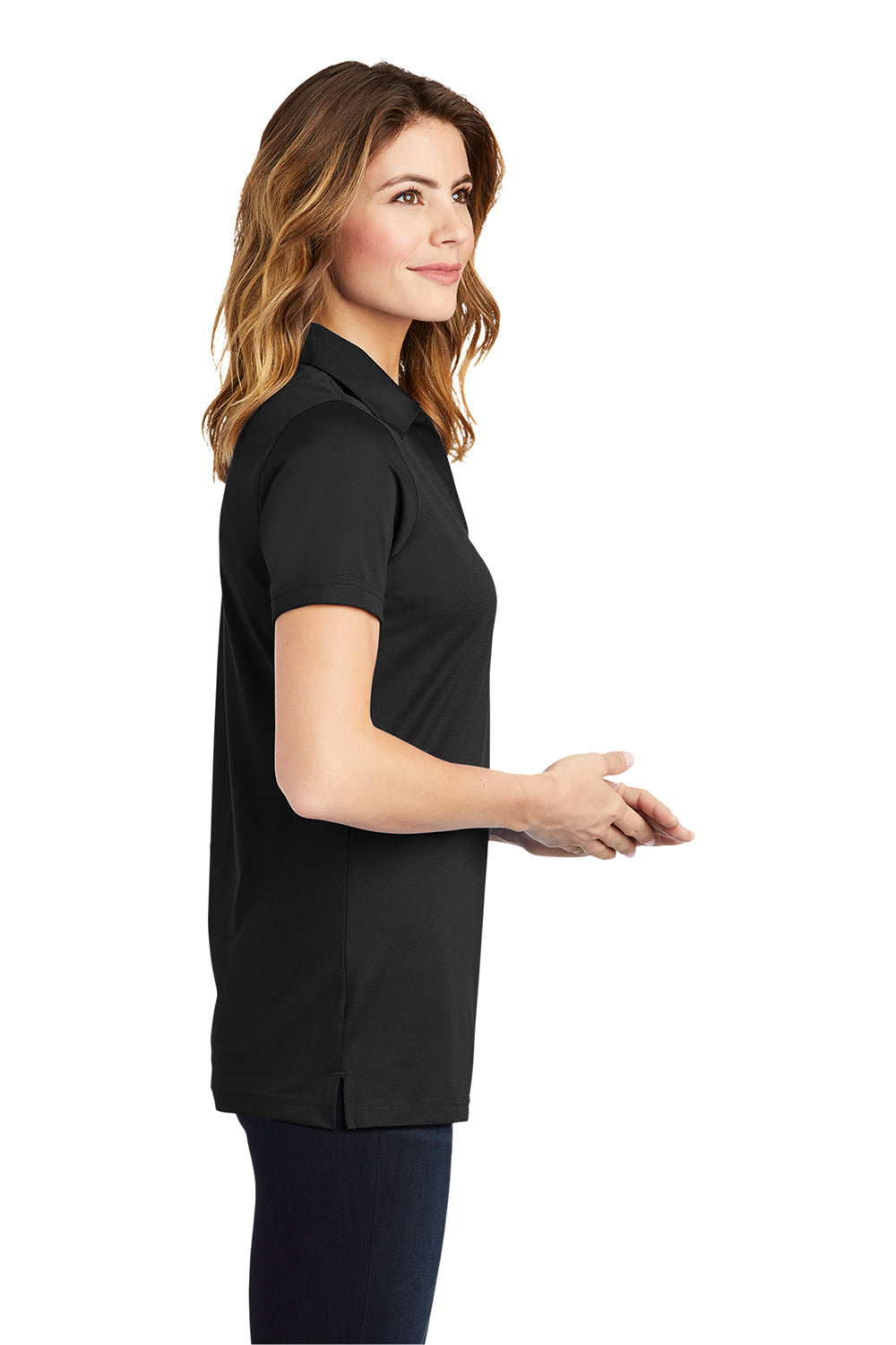 Sport-Tek LST690 Womens Active Mesh Moisture Wicking Short Sleeve Polo Shirt Black Model Side