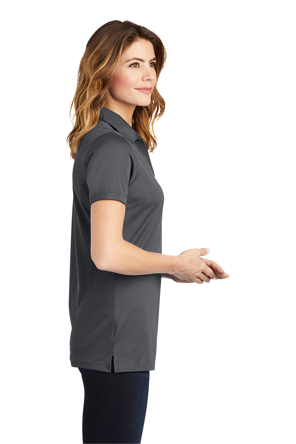 Sport-Tek LST690 Womens Active Mesh Moisture Wicking Short Sleeve Polo Shirt Iron Grey Model Side