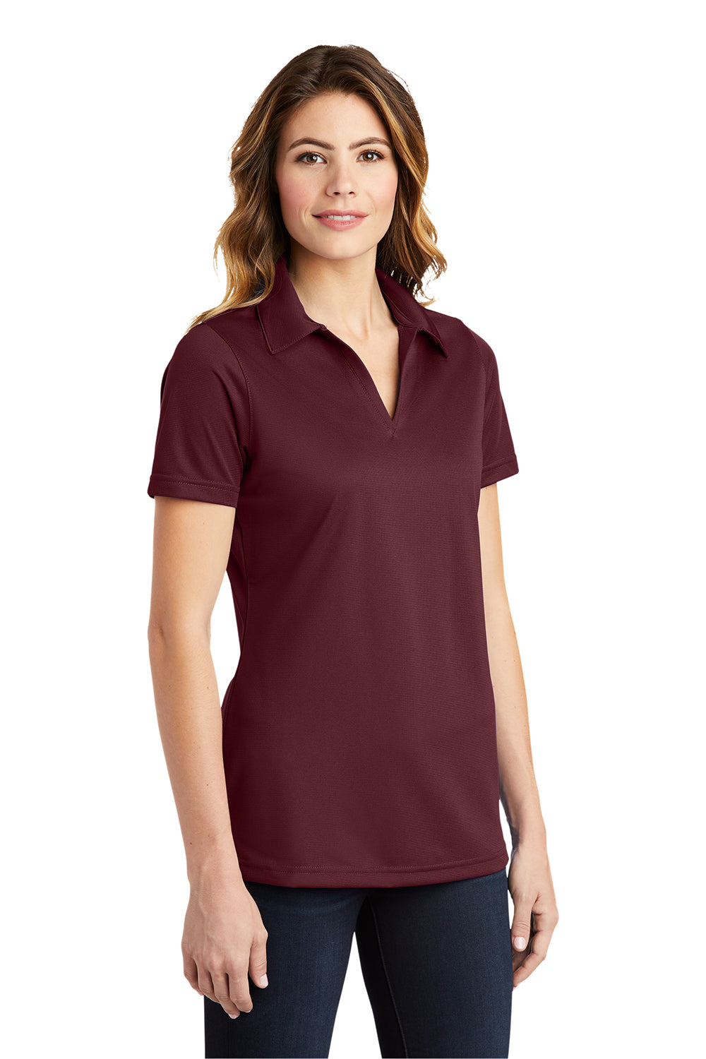 Sport-Tek LST690 Womens Active Mesh Moisture Wicking Short Sleeve Polo Shirt Maroon Model 3q