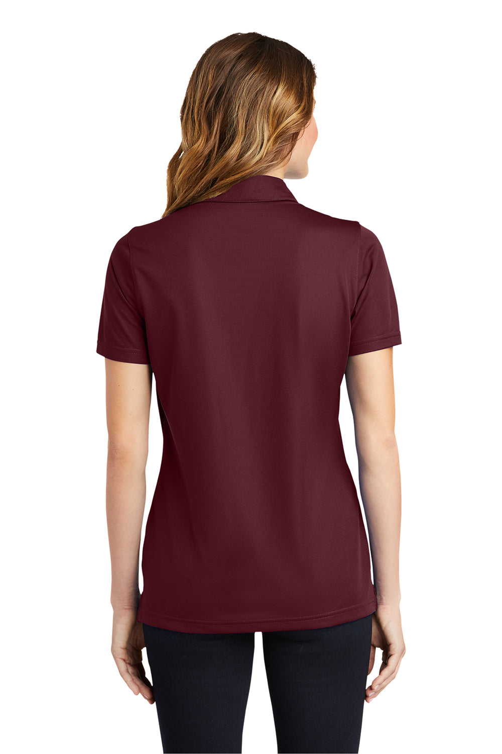 Sport-Tek LST690 Womens Active Mesh Moisture Wicking Short Sleeve Polo Shirt Maroon Model Back