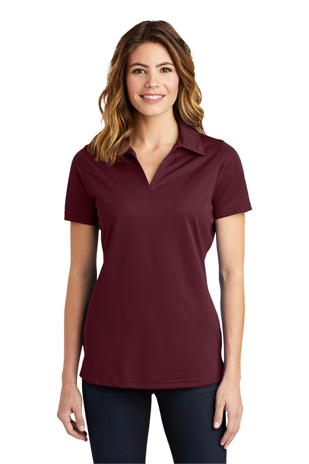 Sport-Tek LST690 Womens Active Mesh Moisture Wicking Short Sleeve Polo Shirt Maroon Model Front