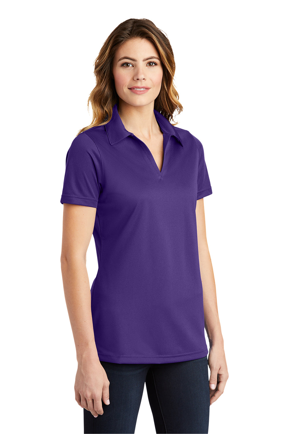 Sport-Tek LST690 Womens Active Mesh Moisture Wicking Short Sleeve Polo Shirt Purple Model 3q