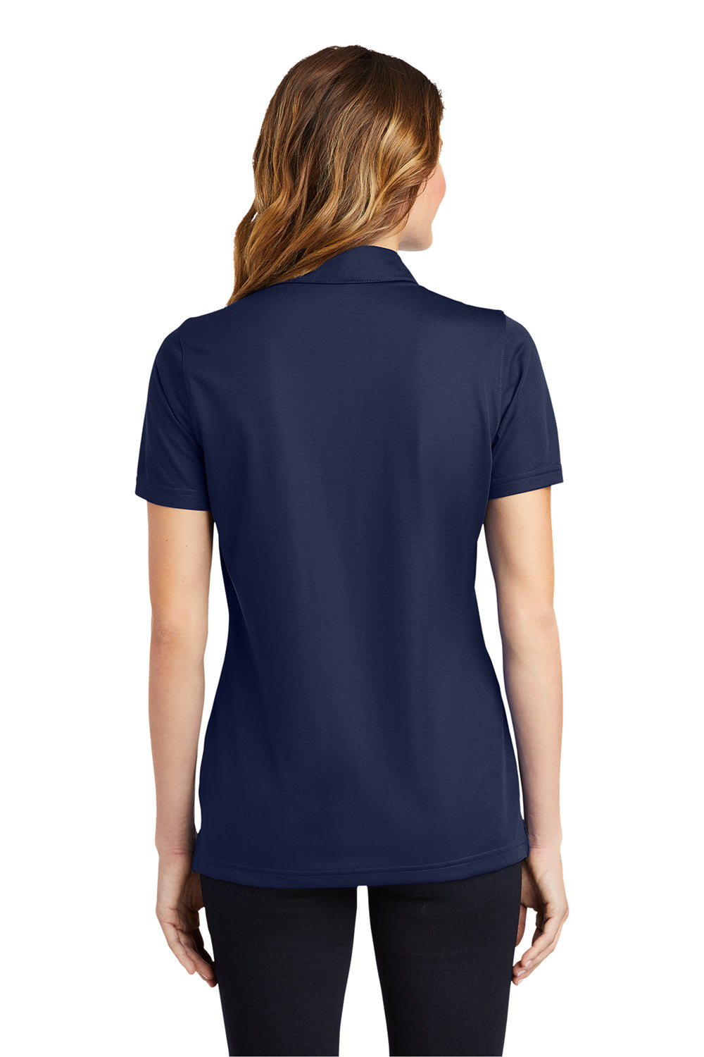 Sport-Tek LST690 Womens Active Mesh Moisture Wicking Short Sleeve Polo Shirt True Navy Blue Model Back