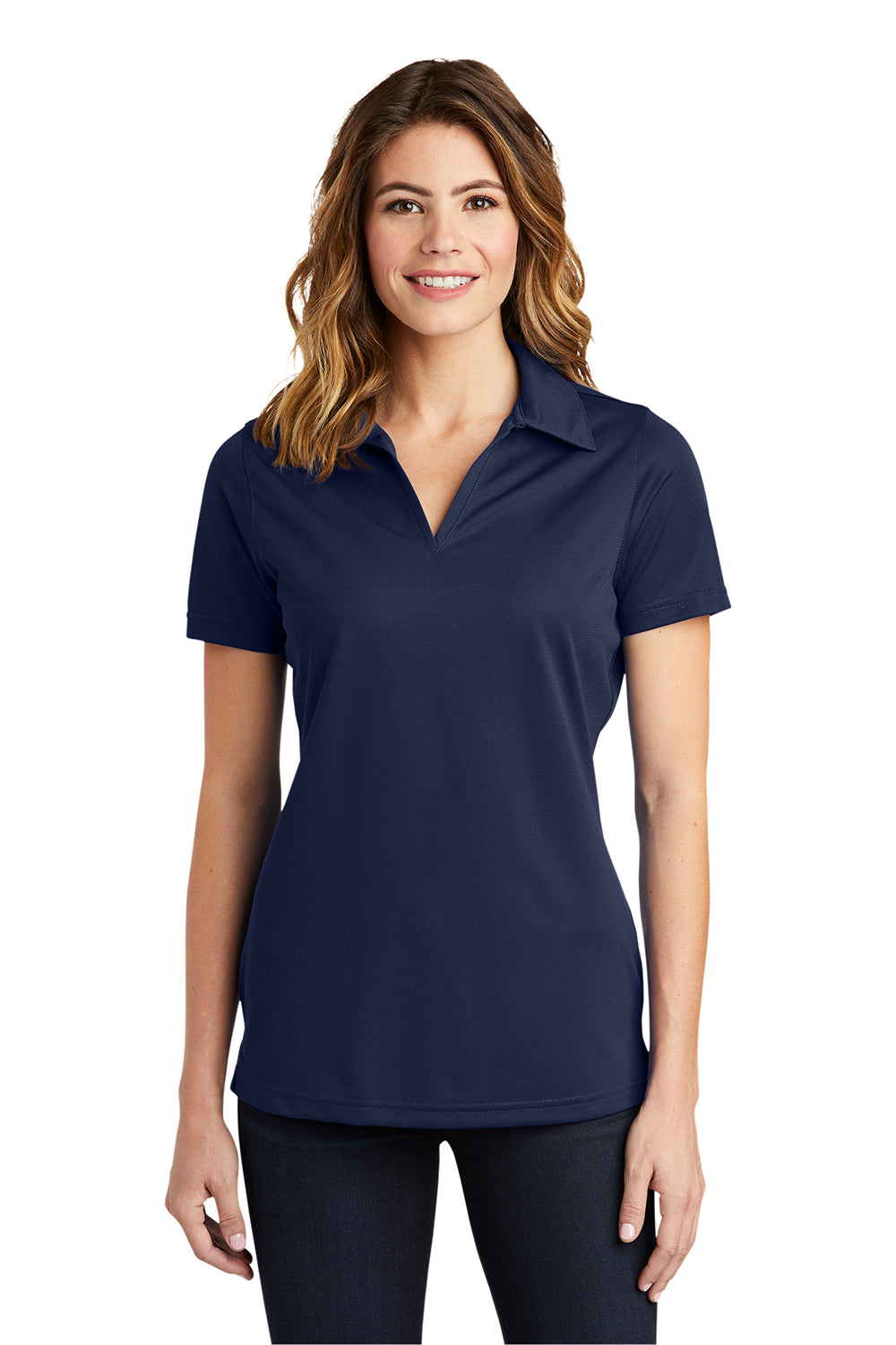 Sport-Tek LST690 Womens Active Mesh Moisture Wicking Short Sleeve Polo Shirt True Navy Blue Model Front