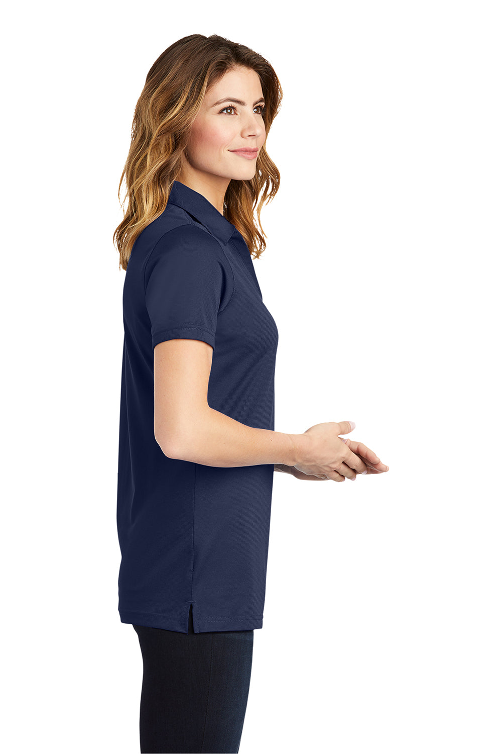 Sport-Tek LST690 Womens Active Mesh Moisture Wicking Short Sleeve Polo Shirt True Navy Blue Model Side