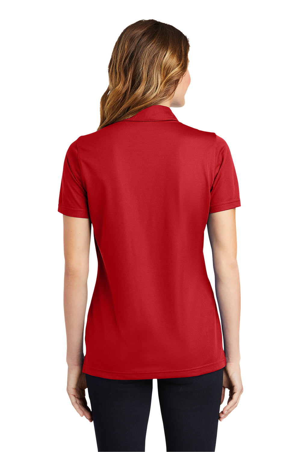 Sport-Tek LST690 Womens Active Mesh Moisture Wicking Short Sleeve Polo Shirt True Red Model Back