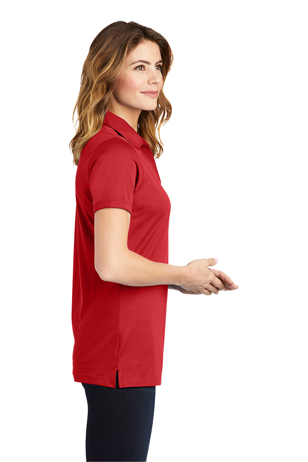 Sport-Tek LST690 Womens Active Mesh Moisture Wicking Short Sleeve Polo Shirt True Red Model Side