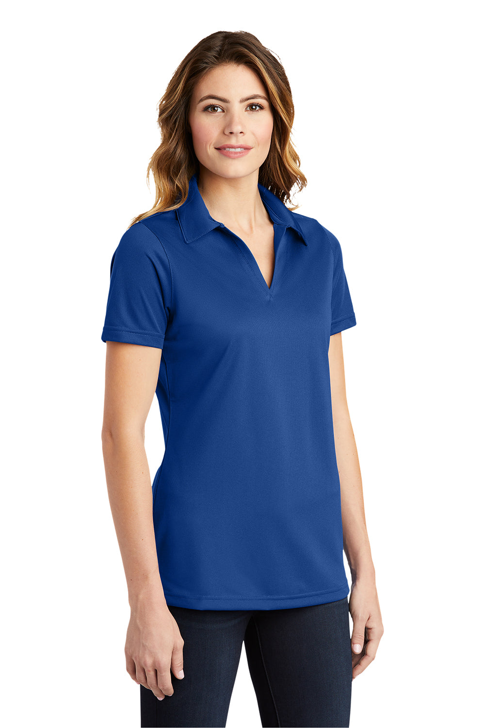 Sport-Tek LST690 Womens Active Mesh Moisture Wicking Short Sleeve Polo Shirt True Royal Blue Model 3q