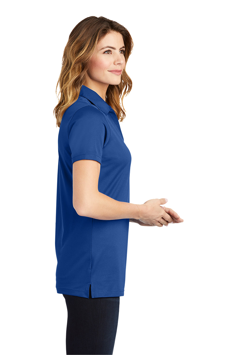 Sport-Tek LST690 Womens Active Mesh Moisture Wicking Short Sleeve Polo Shirt True Royal Blue Model Side