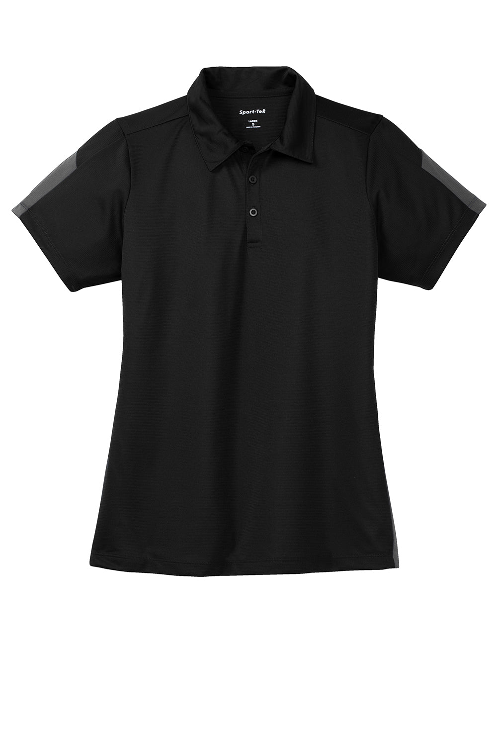 Sport-Tek LST695 Womens Active Mesh Moisture Wicking Short Sleeve Polo Shirt Black/Grey Flat Front