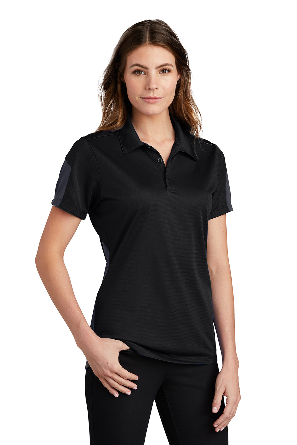 Sport-Tek LST695 Womens Active Mesh Moisture Wicking Short Sleeve Polo Shirt Black/Grey Model 3q