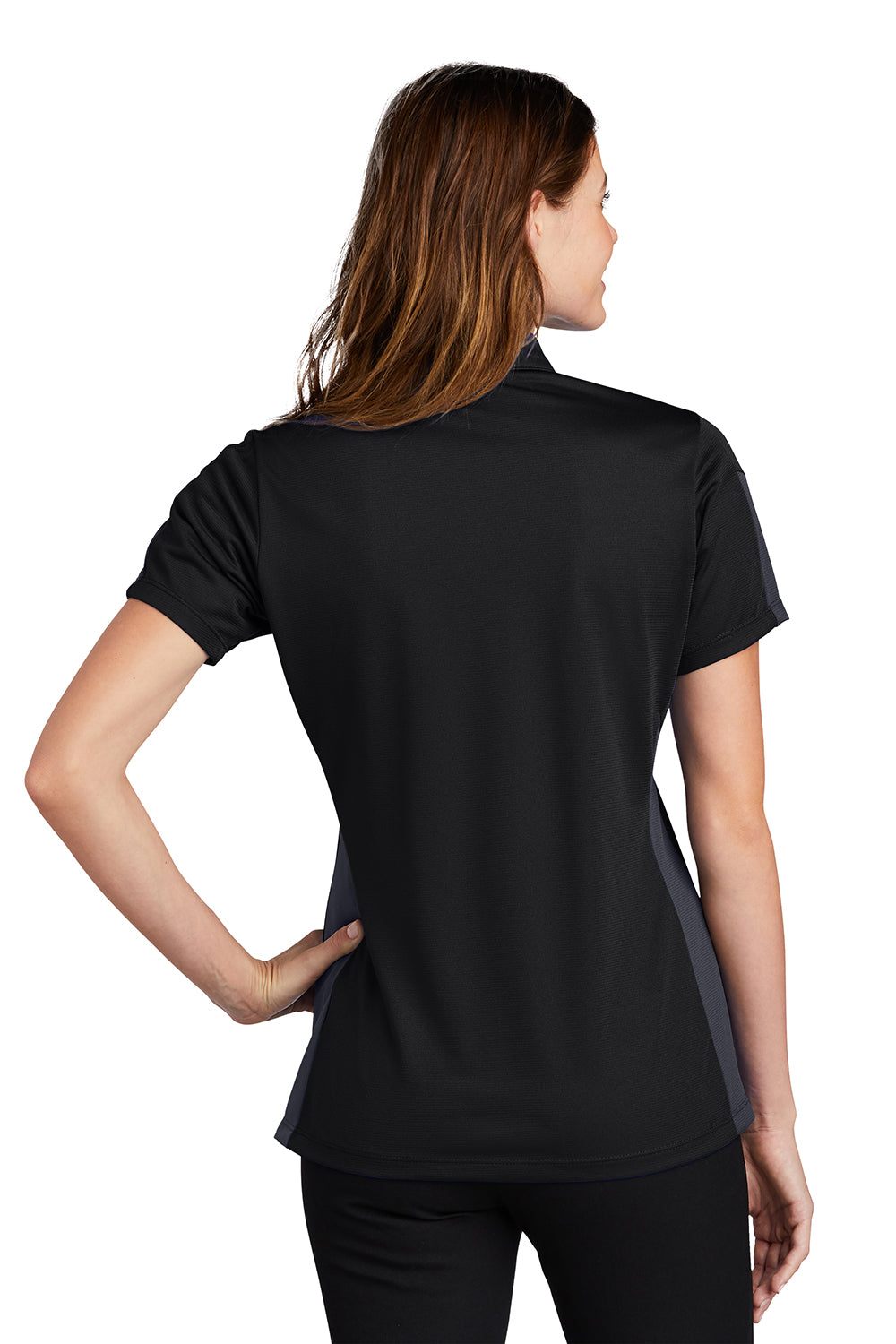 Sport-Tek LST695 Womens Active Mesh Moisture Wicking Short Sleeve Polo Shirt Black/Grey Model Back