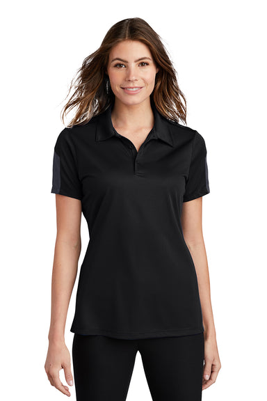 Sport-Tek LST695 Womens Active Mesh Moisture Wicking Short Sleeve Polo Shirt Black/Grey Model Front