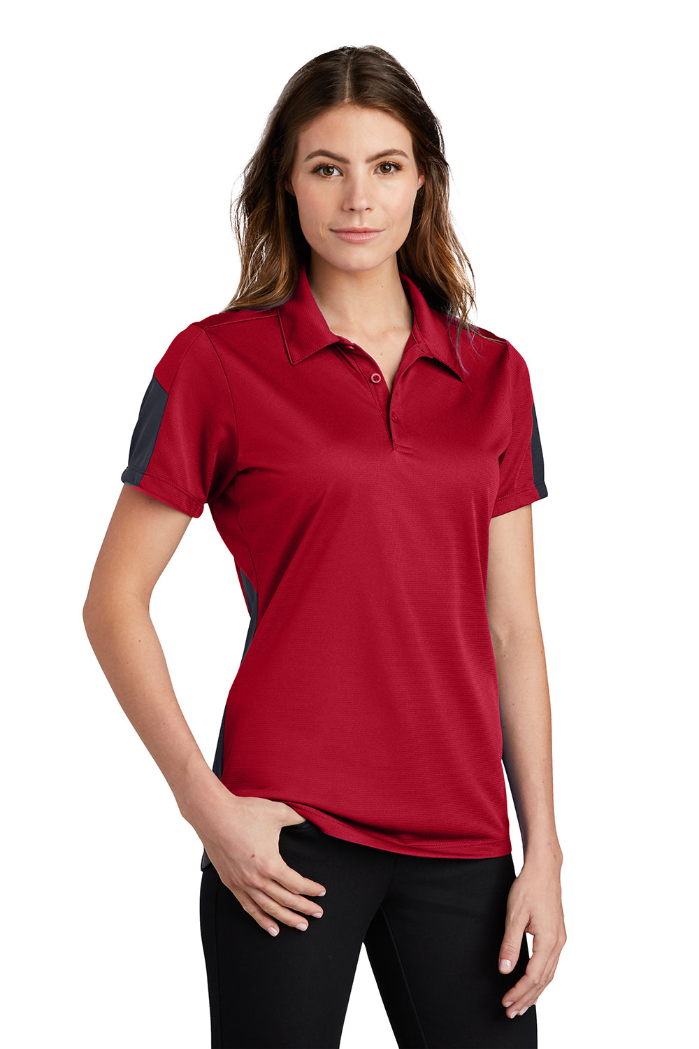 Sport-Tek LST695 Womens Active Mesh Moisture Wicking Short Sleeve Polo Shirt True Red/Grey Model 3q