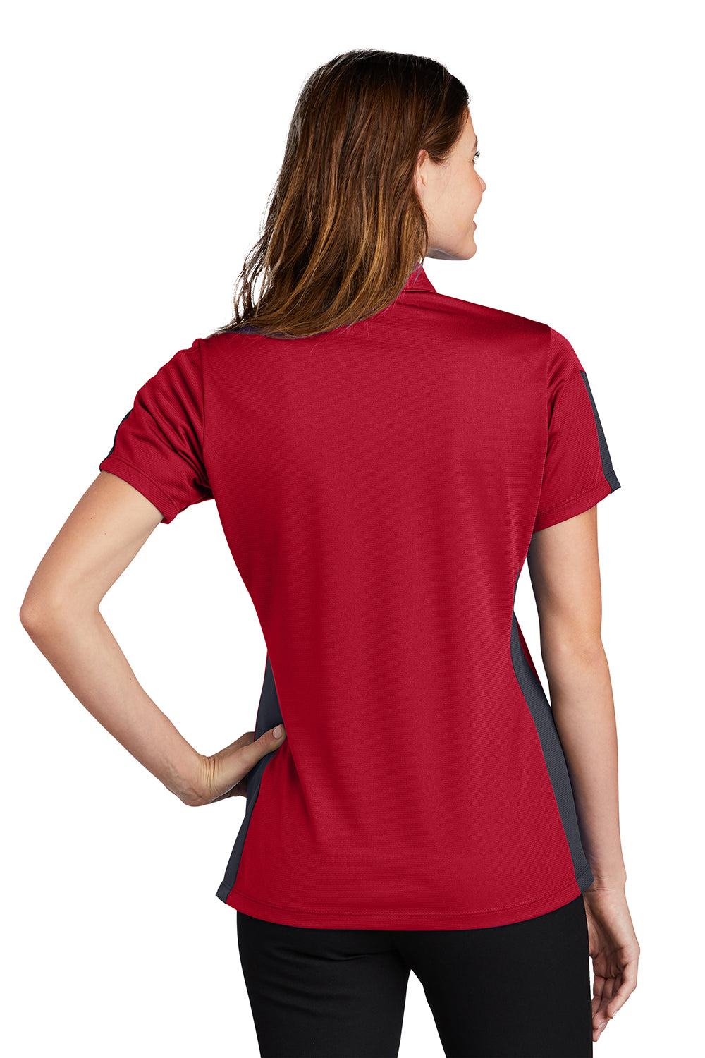 Sport-Tek LST695 Womens Active Mesh Moisture Wicking Short Sleeve Polo Shirt True Red/Grey Model Back