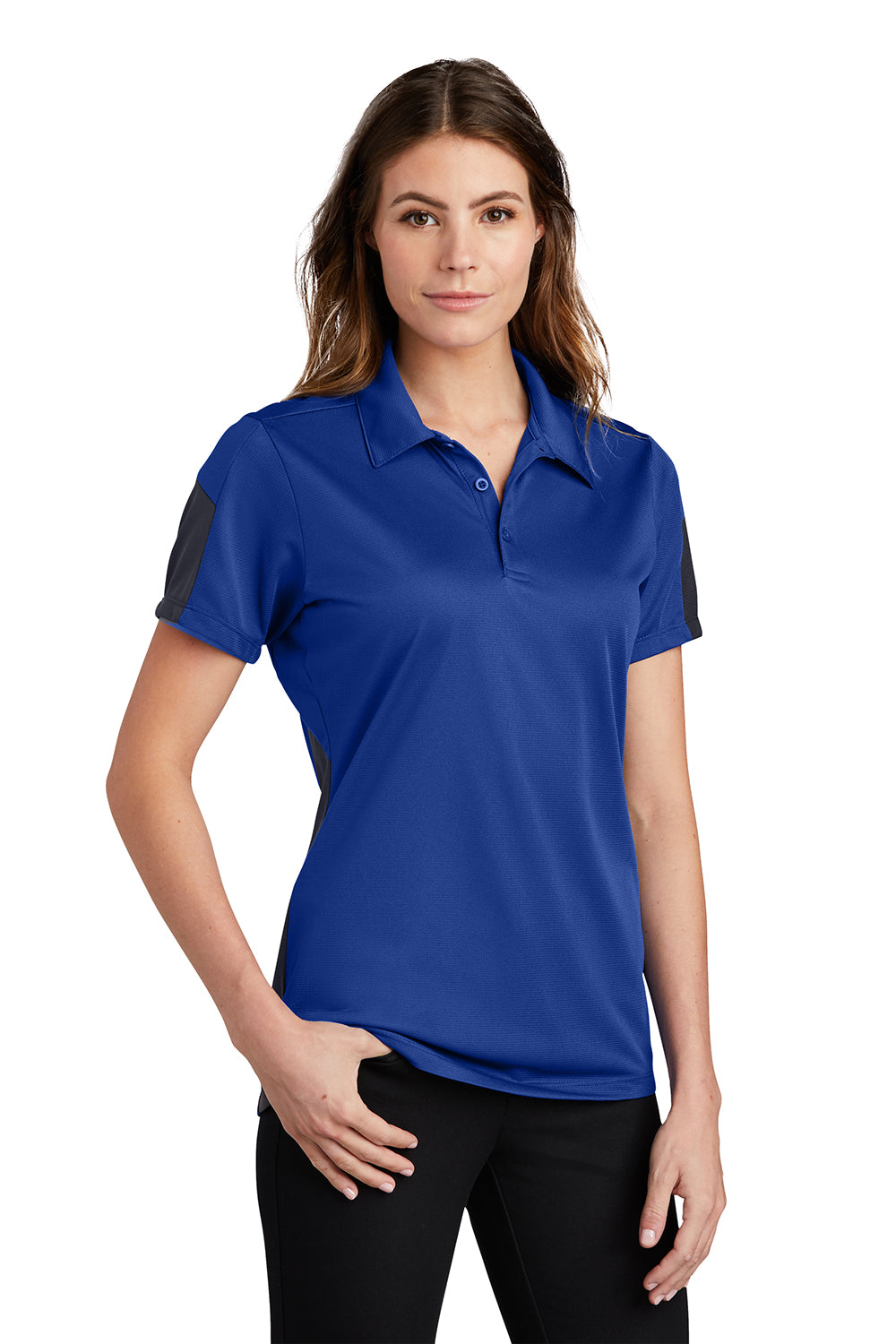 Sport-Tek LST695 Womens Active Mesh Moisture Wicking Short Sleeve Polo Shirt True Royal Blue/Grey Model 3q