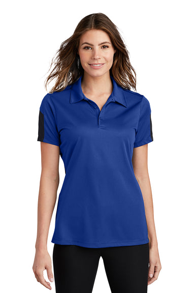 Sport-Tek LST695 Womens Active Mesh Moisture Wicking Short Sleeve Polo Shirt True Royal Blue/Grey Model Front