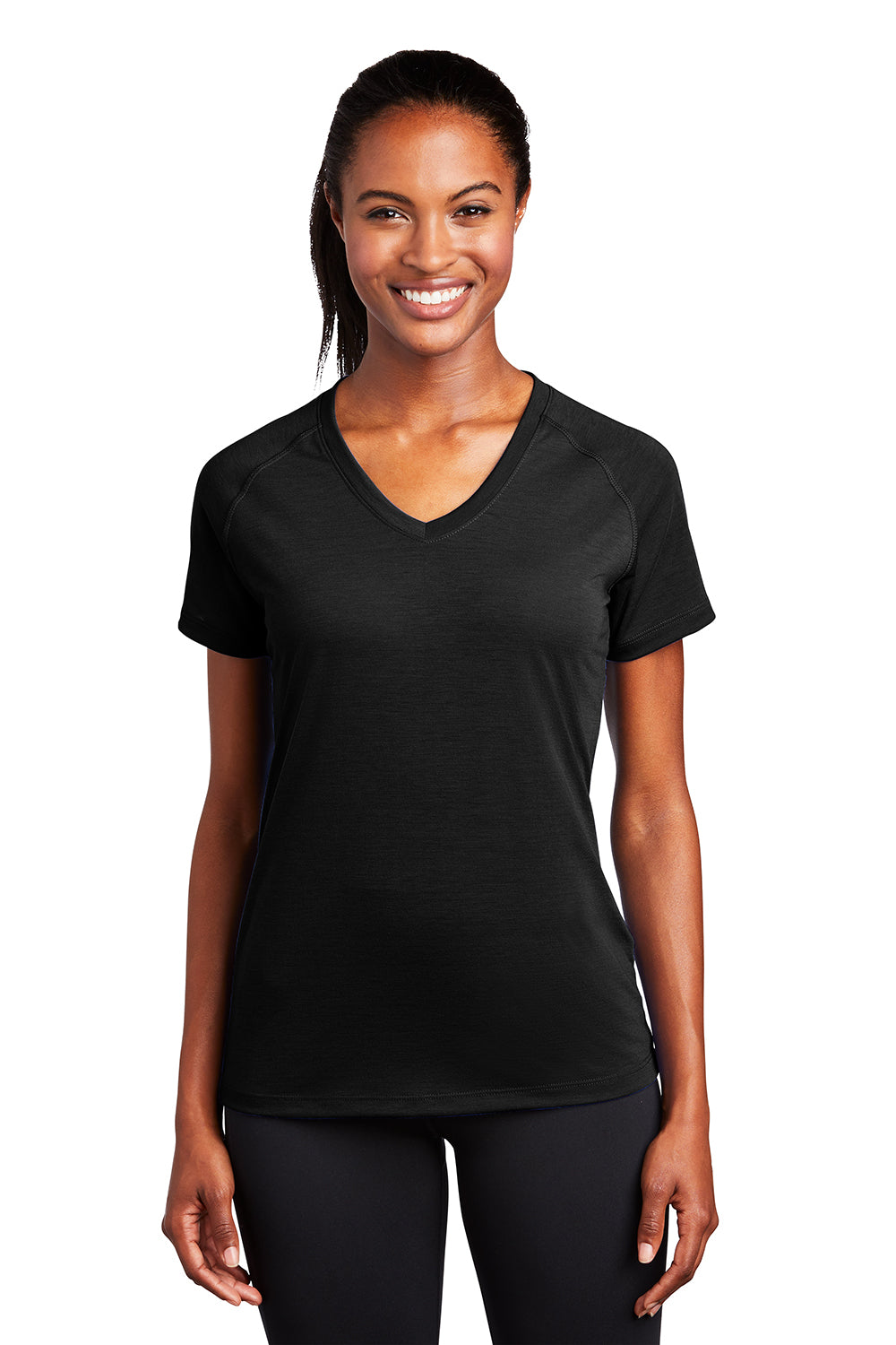 Sport-Tek LST700 Womens Ultimate Performance Moisture Wicking Short Sleeve V-Neck T-Shirt Black Model Front