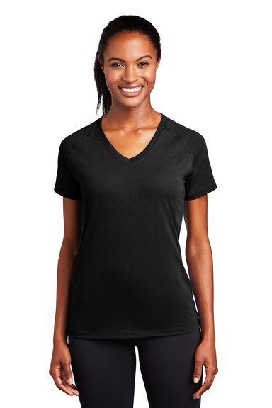 Sport-Tek LST700 Womens Ultimate Performance Moisture Wicking Short Sleeve V-Neck T-Shirt Black Model Front