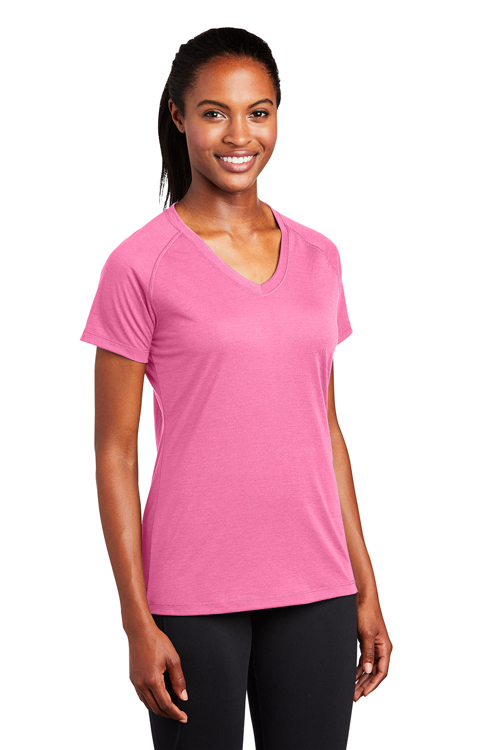 Sport-Tek LST700 Womens Ultimate Performance Moisture Wicking Short Sleeve V-Neck T-Shirt Bright Pink Model 3q