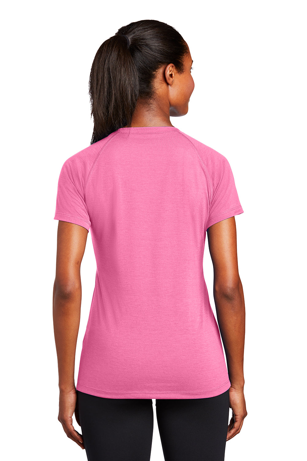 Sport-Tek LST700 Womens Ultimate Performance Moisture Wicking Short Sleeve V-Neck T-Shirt Bright Pink Model Back