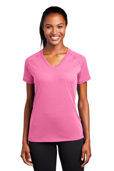 Sport-Tek LST700 Womens Ultimate Performance Moisture Wicking Short Sleeve V-Neck T-Shirt Bright Pink Model Front