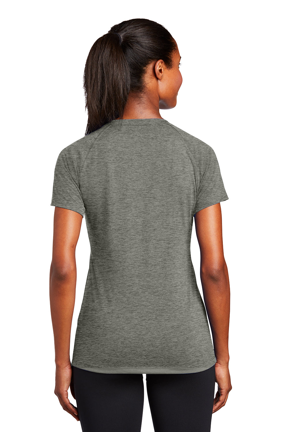 Sport-Tek LST700 Womens Ultimate Performance Moisture Wicking Short Sleeve V-Neck T-Shirt Heather Grey Model Back