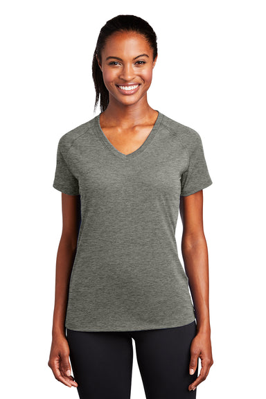 Sport-Tek LST700 Womens Ultimate Performance Moisture Wicking Short Sleeve V-Neck T-Shirt Heather Grey Model Front