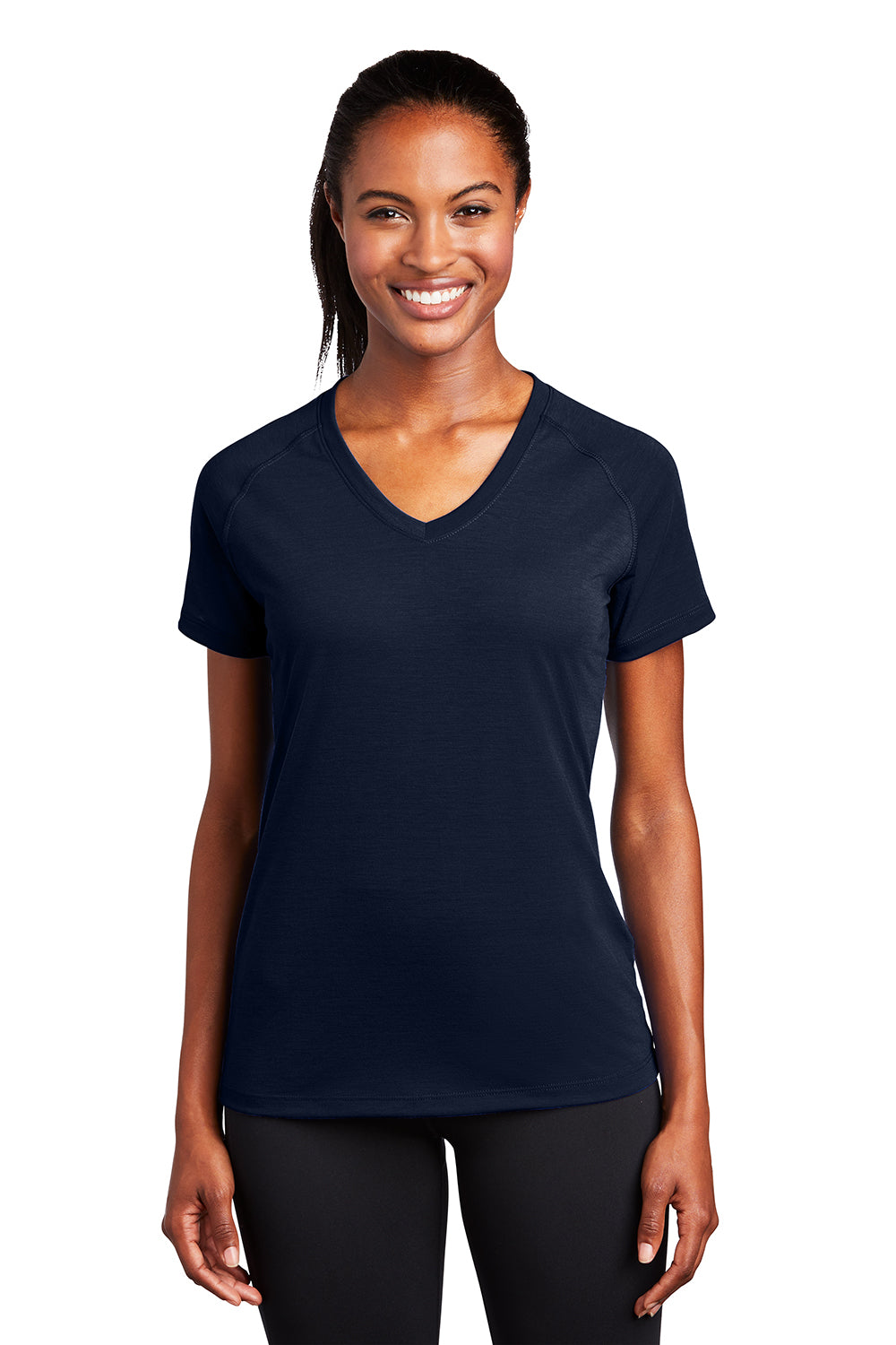 Sport-Tek LST700 Womens Ultimate Performance Moisture Wicking Short Sleeve V-Neck T-Shirt True Navy Blue Model Front