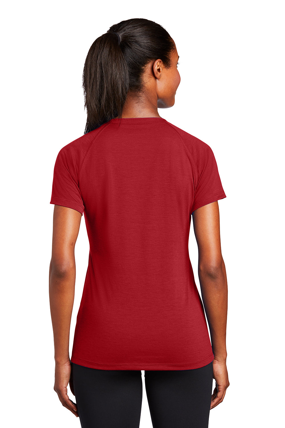 Sport-Tek LST700 Womens Ultimate Performance Moisture Wicking Short Sleeve V-Neck T-Shirt True Red Model Back