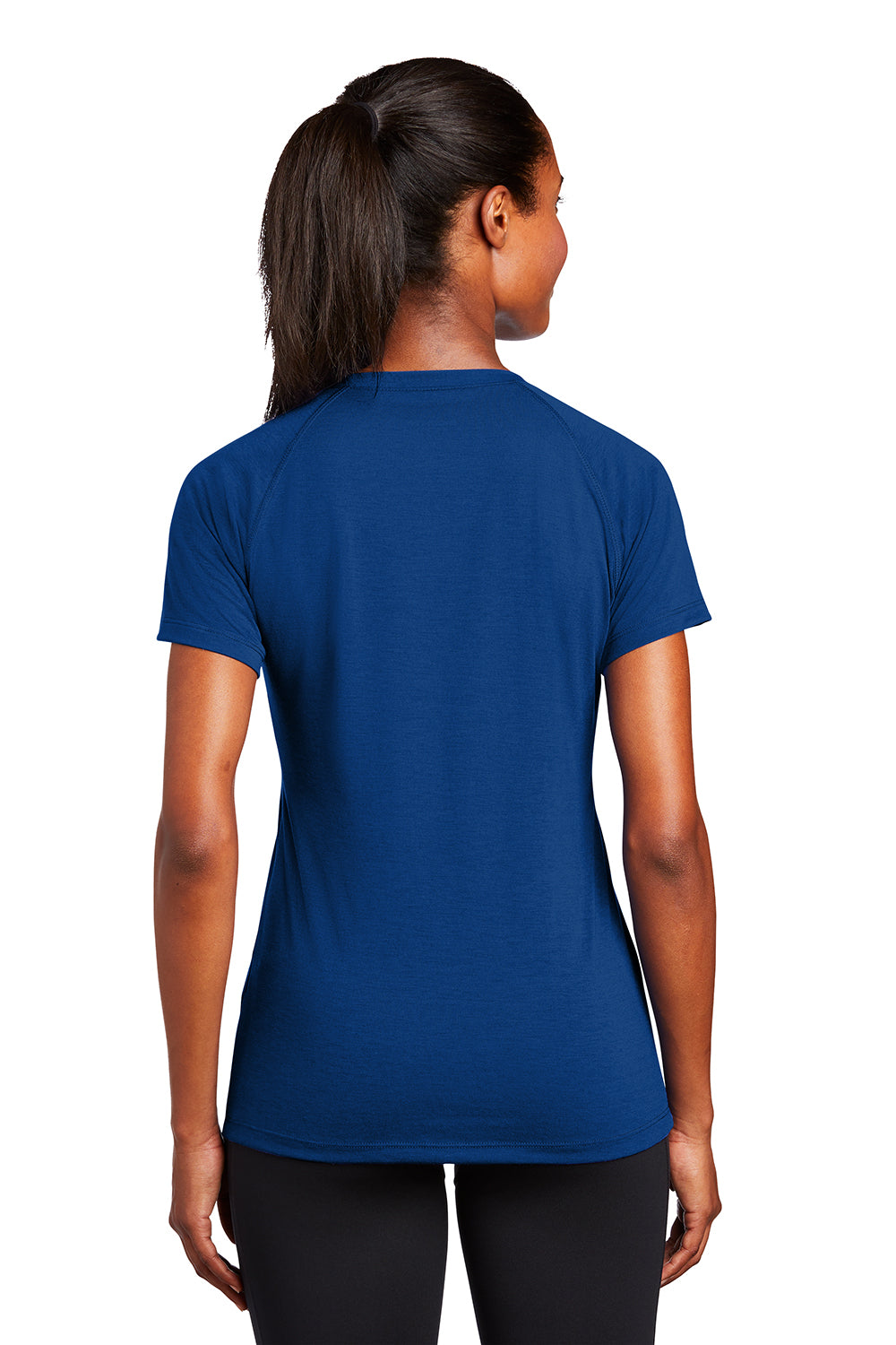 Sport-Tek LST700 Womens Ultimate Performance Moisture Wicking Short Sleeve V-Neck T-Shirt True Royal Blue Model Back