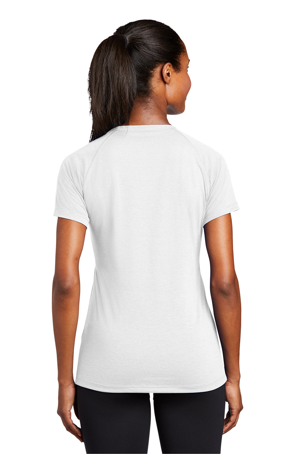 Sport-Tek LST700 Womens Ultimate Performance Moisture Wicking Short Sleeve V-Neck T-Shirt White Model Back