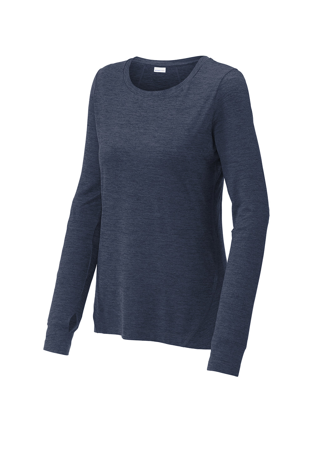 Sport-Tek LST710 Womens Exchange 1.5 Long Sleeve Crewneck T-Shirt Heather Dark Denim Blue Flat Front