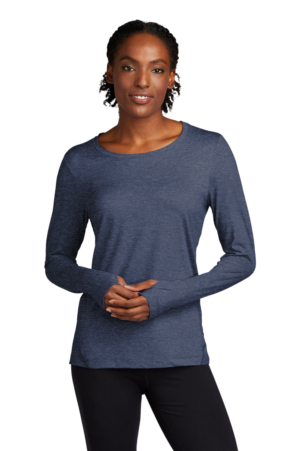 Sport-Tek LST710 Womens Exchange 1.5 Long Sleeve Crewneck T-Shirt Heather Dark Denim Blue Model Front